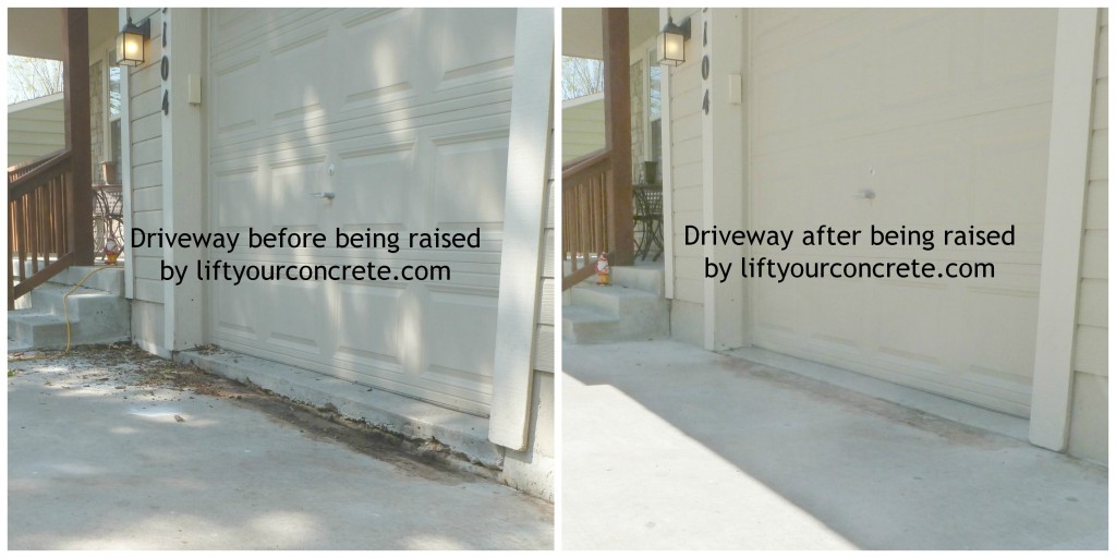 Driveway repair Kansas city before and after photos. Concrete Raising Systems, Kansas City, MO. This driveway had sunk about 5" and with our foam mud jacking system we were able to accomplish the concrete lifting and bring it back even with the garage. 