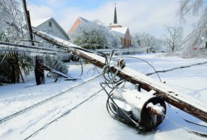 Downed power lines due to weight of snow during a winter storm. 