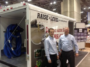 Jason Roland and Ken Praiswater of Concrete Raising Systems, Kansas City, MO at the KC Home Show. Their business is repairing sinking concrete by lifting it with polyurethane foam which spreads 7 feet in either direction and won't sink again like traditional mud jacking