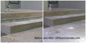 Before and after photos of steps sinking in front of a house and concrete lifting by Concrete Raising Systems, Kansas City,MO