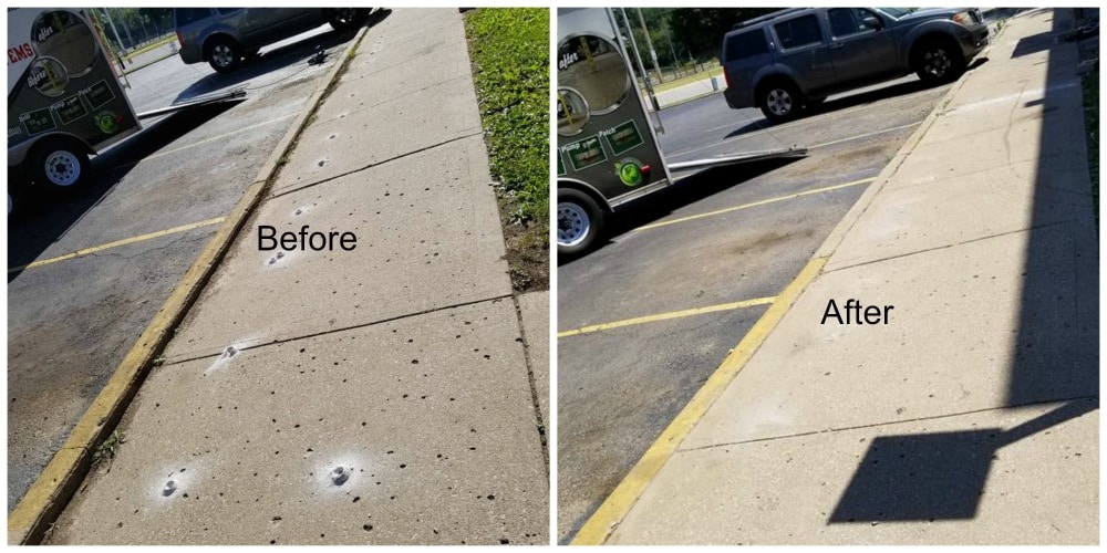 Sinking sidewalk before and after photos using mud jacking with foam mud jacking material from Concrete Raising Systems, Kansas City, MO