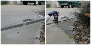 Concrete Sidewalk repair before and after photos of a job by Concrete Raising Systems, Concrete Raising Systems, Kansas City. The Americans with Disabilities Act makes it necessary for you to do your repair your concrete sidewalk if there is more than 1/4" difference in the sidewalk slabs. We do concrete sidewalk repair with polyurethane foam mud jacking. Fix your concrete sidewalk before someone has an accident.